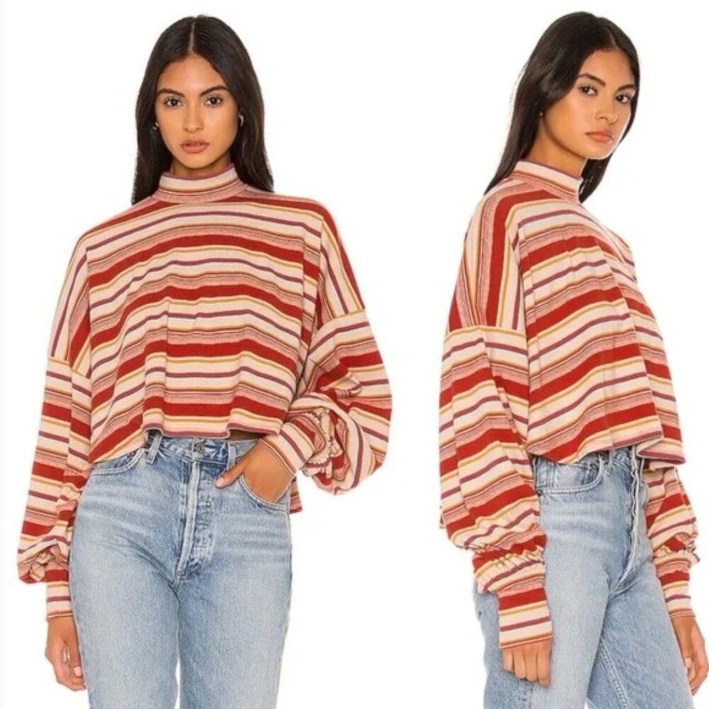 Free People Steph Crop Coral Red Multi Striped Long Sleeve Fleece L Sweater